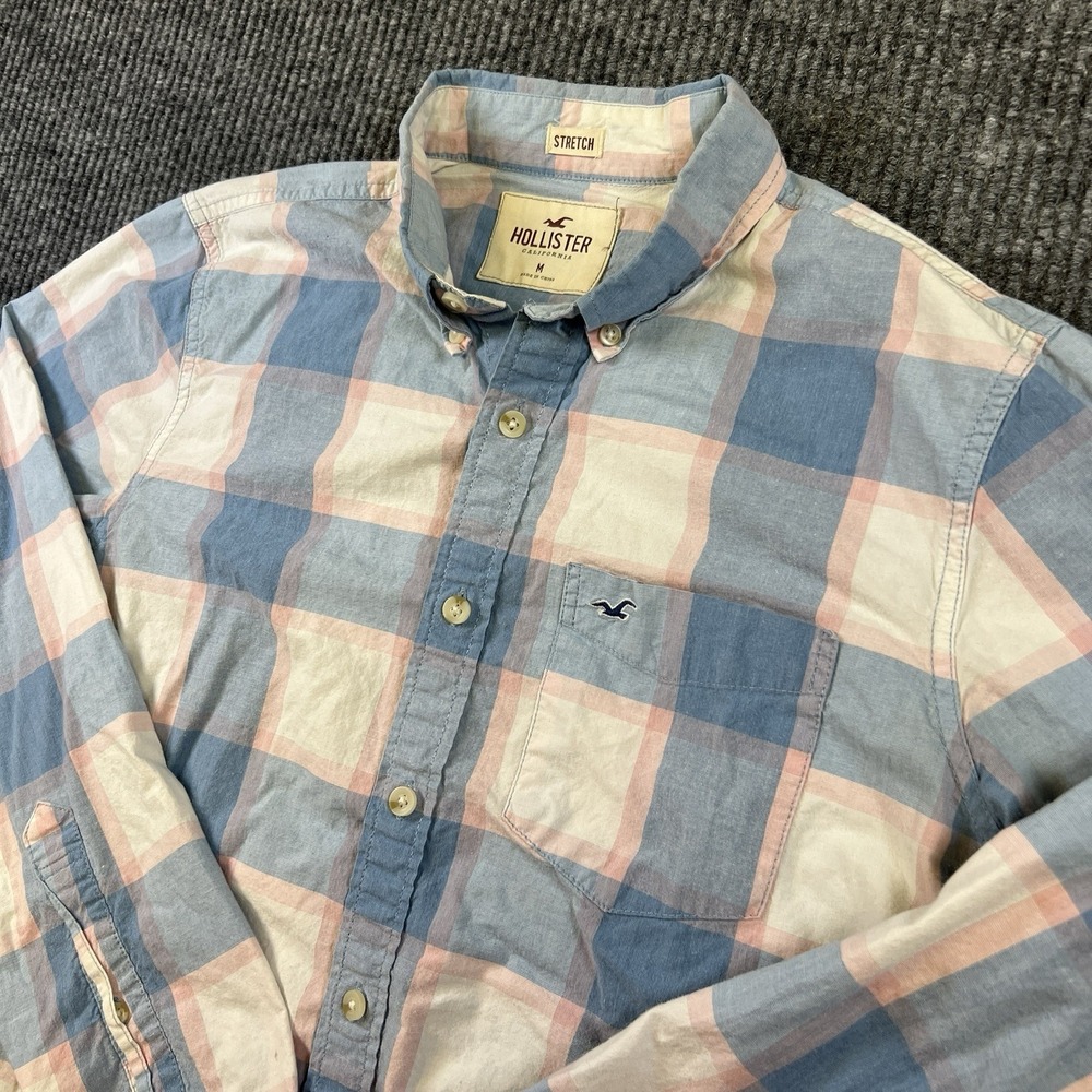 Hollister Button Up Shirt Medium Blue Plaid Check Long Sleeve‎ Stretch Men READ